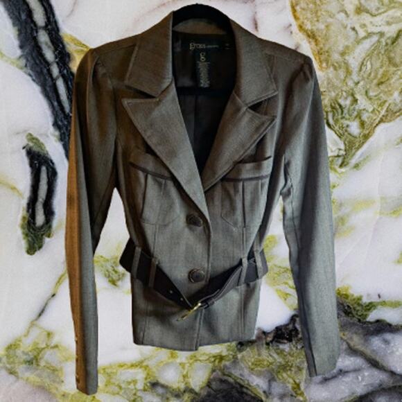 Grass Collection Small lined green long sleeve belted button up woman's blazer - Picture 1 of 1